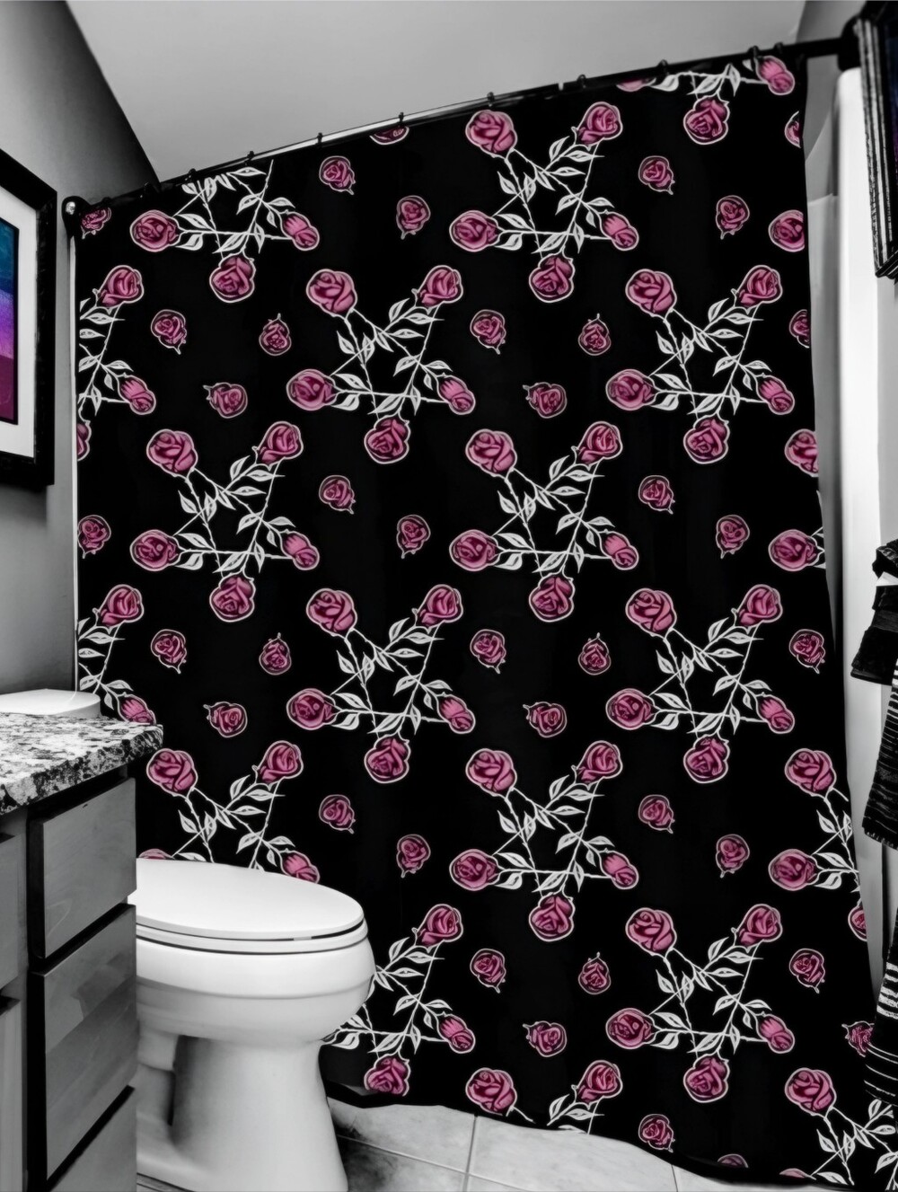 Too Fast Rosegram Pentagram Shower Curtain Pink Rose Goth Bathroom Decor NWT